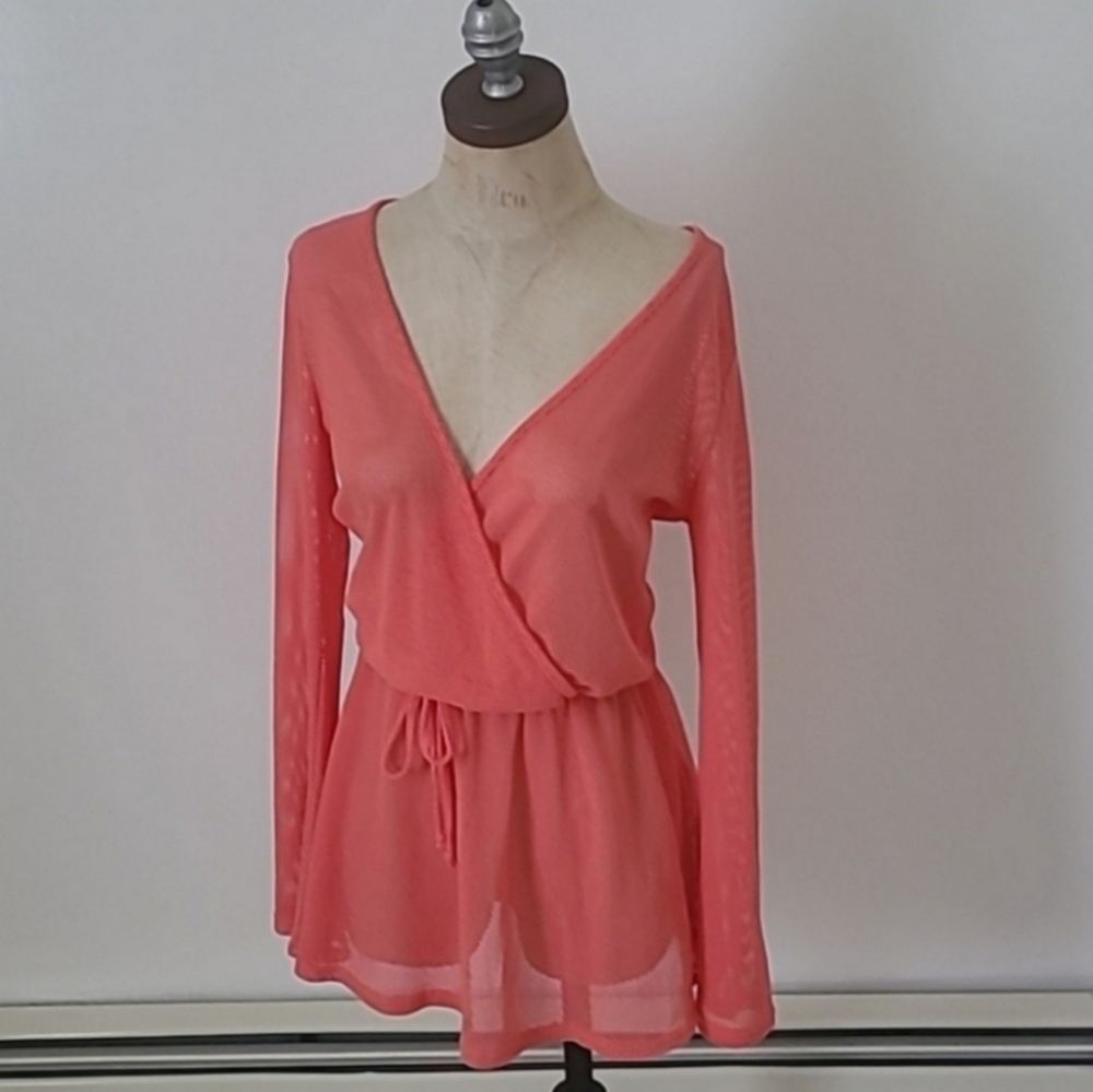 Francesca's Resortwear Mesh Long Sleeve Coral Mini Dress Coverup M/L